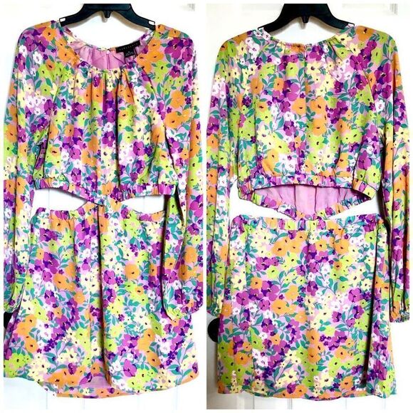 SANCTUARY - 🎉HPx2🎉 NWT - L XL Chiffon Floral Blouson Sleeve Cut-Out Mini Dress - Picture 2 of 16